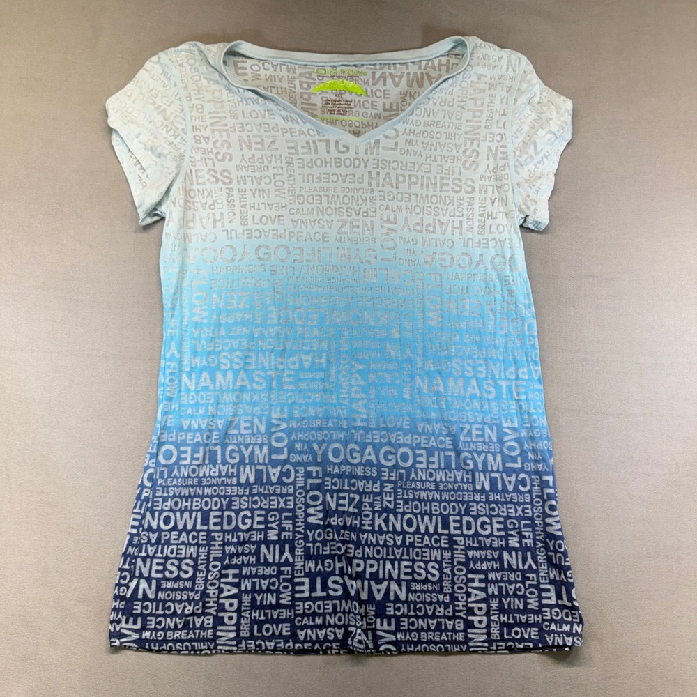 Earth Yoga T Shirt Womens XXL Blue Ombre Organic Cotton Namaste Zen Word Cloud